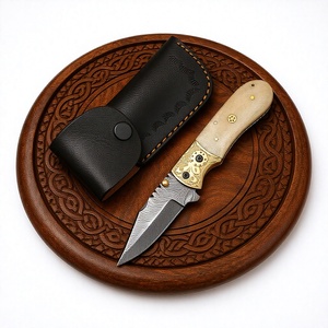 Luxury Handmade Damascus Pocket Folding <b>Knives</b> with <b>Bone</b> <b>Handle</b> with Leather Sheath OEM ODM Manufacturer Pocket Folding <b>Knife</b> - Product Image 1
