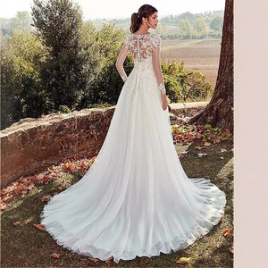 <b>Lace</b> Appliqu Deep V-Neck Long Sleeve A-Line Wedding Dress Pure <b>White</b> Chiffon Natural Waistline Summer Bridal Gown - Product Image 3