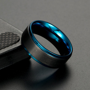 Unisex Matte Brushed <b>Titanium</b> Steel <b>Ring</b> <b>Black</b> And Blue Geometric Fashion Jewelry Gift - Product Image 4