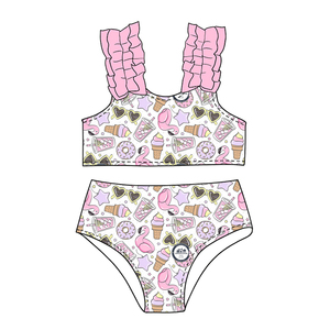Conjunto de Traje de Baño de Dos Piezas para Niñas, de Seda de Leche, con Estampado Personalizado y Volantes, Servicio OEM para Niños - Product Image 2