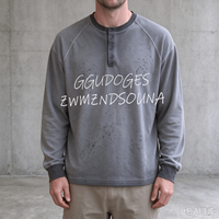 T-shirts Ouna personnalisés avec impression DTG, coupe ample oversize, style vintage, boutonnés, délavés à l'acide, en tissu gaufré thermique, col Henley et manches raglan