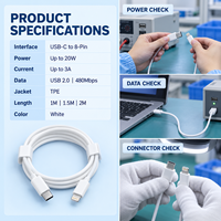 Kabel Data Pengisian Daya 20W PD USB C ke 8-Pin 3A TPE Lembut USB 2.0 480Mbps 1M 1.5M 2M Grosir