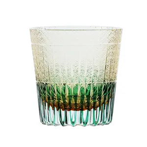 热卖日式8OZ老式威士忌酒杯手工切割琥珀色绿色250毫升容量威士忌水美酒