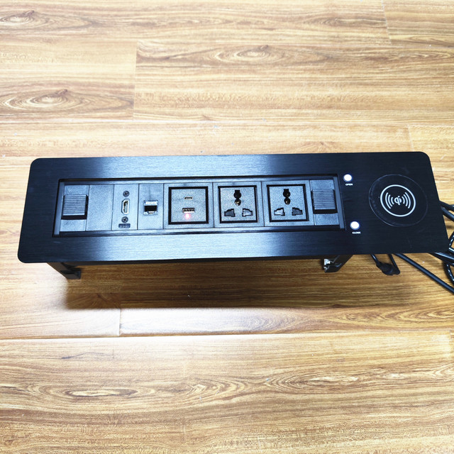 Motorized Flip-up Desktop Outlet with Wireless Charger /Electric Flip Desktop Pop up Power Socket with HD, RJ45 USBA+USB-C