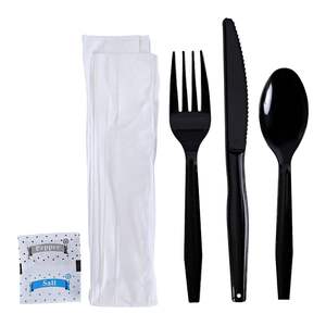 Kit de couverts en papier et plastique six pièces Boardwalk noir (fourchette/couteau/serviette/cuillère à café) 250/carton - Product Image 1