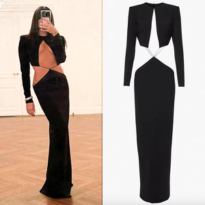 Stile europeo 2025 estate nuove donne tinta unita manica lunga in vita Sexy vestito vuoto all'ingrosso - Product Image 5