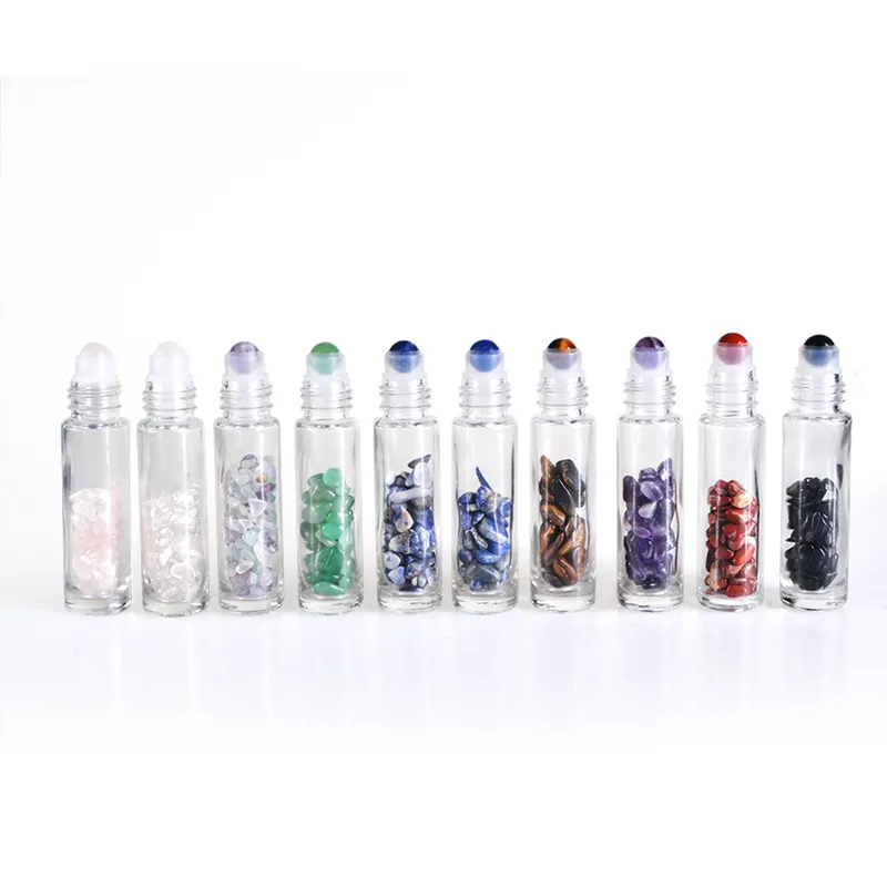 empty beauty portable perfume crystal gemston 10ml clear glass roller bottle with gravel for essential oils