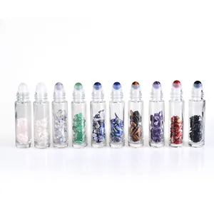 Lege Schoonheid Draagbare Parfum Kristal Gemston 10Ml Clear Glas Roller Fles Met Grind Voor Essentiële Oliën