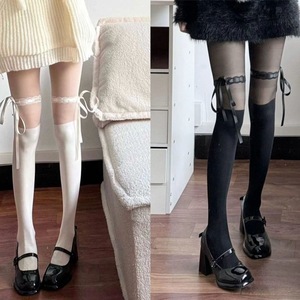 Black Knee Socks With Ribbon Tie Solid Color Ultra Thin 0D Polyester Women Spring Summer Autumn Lolita Style - Product Image 3