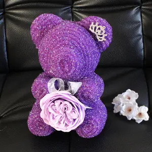 Diamond studded rose teddy bear shiny lovely boxed gift wholesale price artificial flower bubble Diamond Rose bear