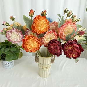 Nueva Tela Recubierta con 4 Cabezas de Peonía Artificial, Flores con Bordes Quemados, Decoración Floral, Arreglo para Mesa del Hogar, Ramo Decorativo para Boda - Product Image 1