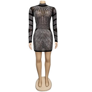<span class=keywords><strong>Mini</strong></span> <span class=keywords><strong>abiti</strong></span> attillati neri da donna da sera in maglia notturna trasparente Sexy vedo attraverso strass manica lunga abito da sera - Product Image 5