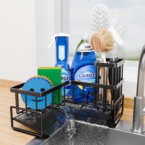 Étagère de rangement en forme de L pour évier avec plateau d'égouttage pour comptoir de cuisine, support pour éponge et brosse à vaisselle, design étanche - Product Image 1