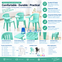 Chaise d'école en plastique en gros avec tablette d'écriture, siège multifonctionnel pour salle de classe, salle de formation, université, séminaire, événement