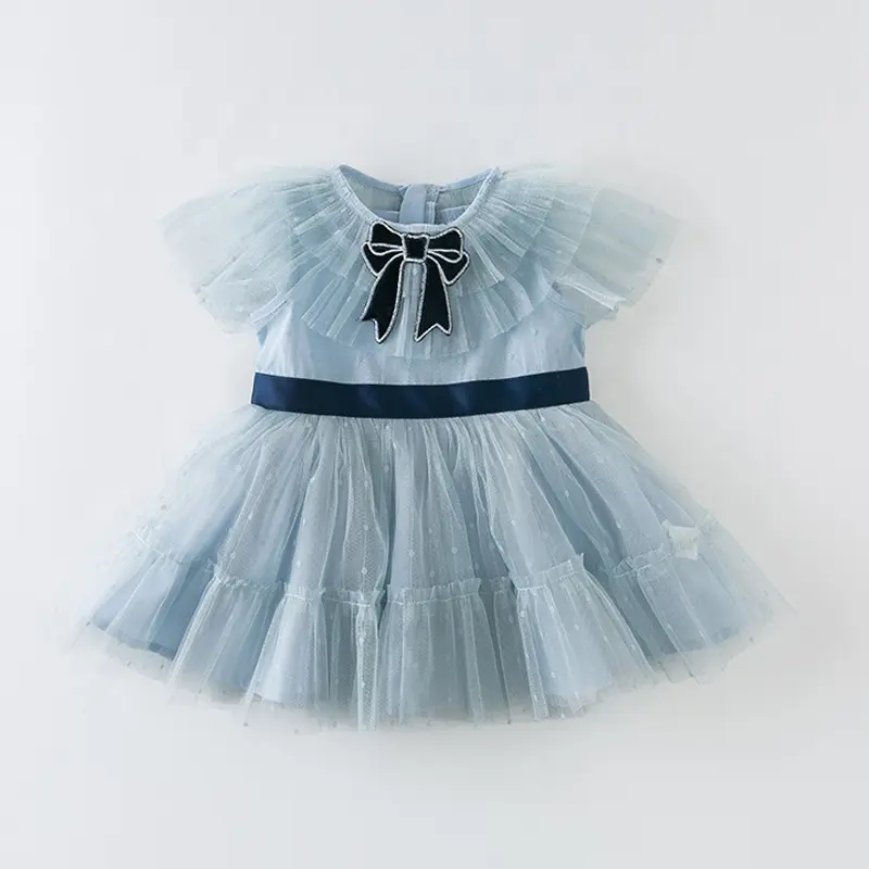 Mijia DB13090 — robe d'été en maille pour filles, tenue de princesse, avec nœud, couleur unie, vêtement de fête, pour enfants