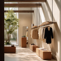 Support d'exposition pour vêtements pour hommes, style minimaliste, lumière naturelle, luxe, combiné à un éclairage doux et à une texture bois