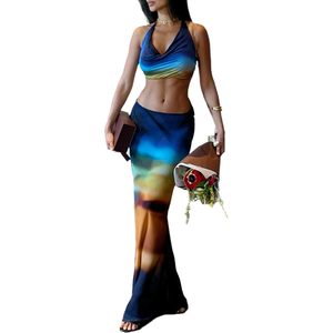 Ensemble sexy personnalisé 2026 pour femme : crop top imprimé et jupe longue en mousseline sans manches, tenue de plage respirante pour le printemps et l'été - Product Image 6