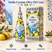 Bouteille d'huile d'olive en céramique souvenir d'Italie, Sicile, motif emblématique sicilien, distributeur d'huile en porcelaine, souvenirs en gros de Sicile