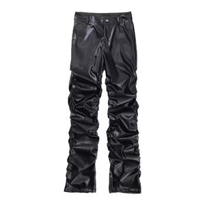 Wholesale Custom Black <b>Leather</b> Motorcycle Pants <b>for</b> <b>Men</b> High Street Style Slim Fit Pleated Bottom <b>Men's</b> <b>Trousers</b> - Product Image 5