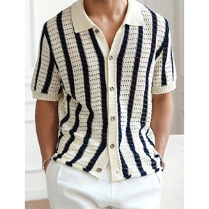 Maglione Estivo Traforato a Righe Verticali con Colletto, T-shirt a Maniche Corte, <span class=keywords><strong>Cardigan</strong></span> da Uomo - Product Image 3