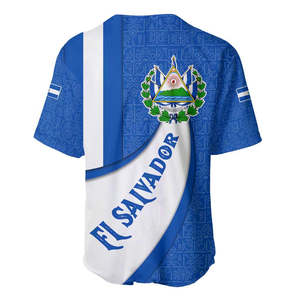 El Salvador wapen baseball shirt met gebogen tekst en blauw gepatroneerde achtergrond, groothandel polyester knoopsluiting baseball tops - Product Image 4