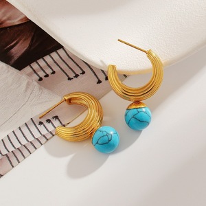 Boucles d'oreilles en acier inoxydable avec turquoise bleue, plaquées or 18 carats, design géométrique pour femmes - Product Image 4