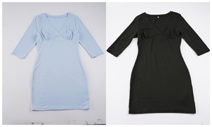 Vestido digital liso de manga corta con cuello en V, estilo elegante y maduro para mujer, corte regular, versátil para el día a día, cintura natural, ajustado al cuerpo. - Product Image 2