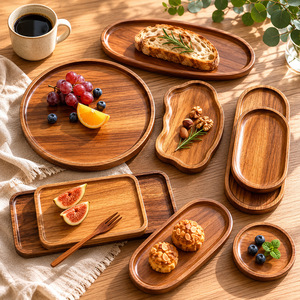 Bandeja de madera de acacia, bandeja ovalada rectangular de madera maciza para servir té, cena, frutas en el hogar. - Product Image 1