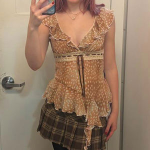 T-shirt asymétrique d'été en maille à imprimé fauve avec ourlet à volants, col en V sexy et design à nouer, haut chic et tendance - Product Image 6