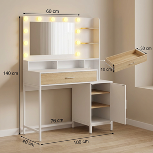 Escritorio <span class=keywords><strong>de</strong></span> tocador LED <span class=keywords><strong>de</strong></span> estilo moderno con espejo iluminado, marco <span class=keywords><strong>de</strong></span> metal, estantes <span class=keywords><strong>de</strong></span> almacenamiento y diseño <span class=keywords><strong>de</strong></span> panel para estación <span class=keywords><strong>de</strong></span> <span class=keywords><strong>maquillaje</strong></span> en dormitorios modernos - Product Image 2
