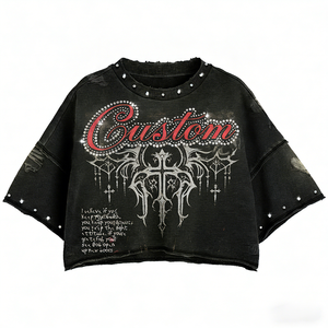 Camiseta Personalizada con Efecto Desgastado, Camiseta Vintage Lavada al Ácido, Camiseta Gráfica Streetwear, Camiseta con Pedrería, Camiseta Corta Cuadrada para Hombre - Product Image 1