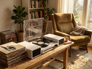 Pièce de décoration esthétique <span class=keywords><strong>blanche</strong></span> pour la maison, <span class=keywords><strong>Bluetooth</strong></span> sans fil avec haut-parleurs externes pour bibliothèque, tourne-disque **lecteur de disques vinyles** - Product Image 4