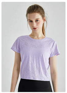 Camisetas de yoga cortas para mujer al por mayor, ligeras, con espalda en V retorcida, transpirables, de malla, de manga corta, para gimnasio, pilates y deportes. - Product Image 2