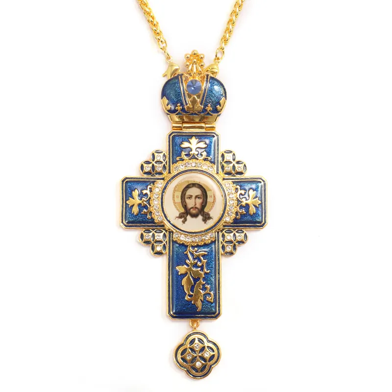 Luxury Church Spiritual gift Blue Glaze Handicraft Russian Orthodox Pectoral Cross Customize Jesus Icon Necklace
