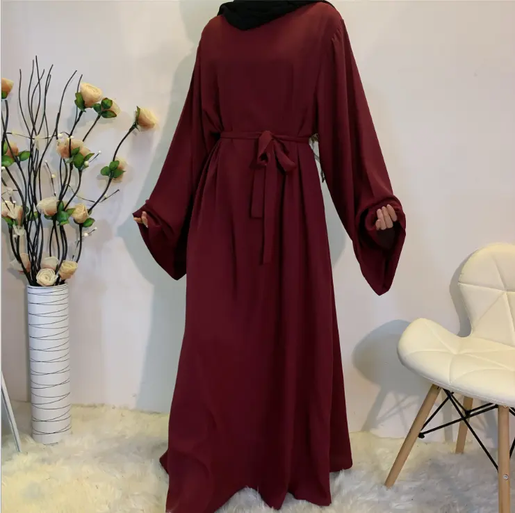 Muslim Abaya Wanita Warna Solid Pakaian Etnik Halus Trim Abaya Dewasa Gaun Dubai Katfan Jubah