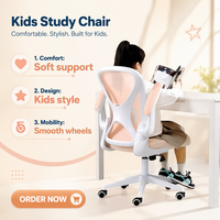 Chaise d'étude ergonomique pour enfants, dossier en maille, réglable en hauteur, pivotante, avec accoudoirs relevables, appui-tête et base à 5 étoiles sur roulettes