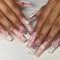 Venta al por Mayor de 24 Uñas Postizas Francesas de Color Rosa con Diseño de Dibujos Animados, Uñas de Ataúd Largas de ABS, Caja de Empaque con Lima de Uñas, Aplicación en Dedos, Cobertura Completa