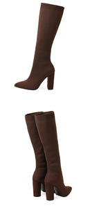 Sepatu bot selutut hak tinggi wanita, sepatu bot rajut ujung bulat elastis dengan sol dalam karet tanggal Jalan - Product Image 6