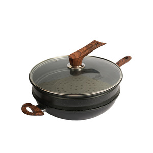 Wok antiadhésif en pierre Maifan avec couvercle, pour cuisson vapeur et sauté, compatible gaz et induction, fond plat rond, lavage à la main uniquement - Product Image 1