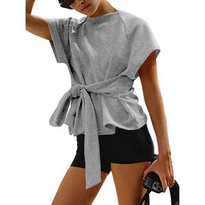 Womens Short Sleeve Crop Top <b>Tie</b> Front Wrap Crew Neck Casual Sweatshirt Solid Color Regular Fit Lightweight Comfortable - Product Image 1