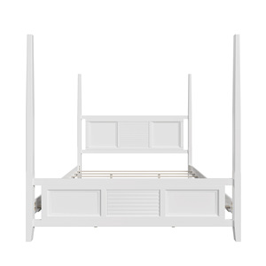 Traditional Solid Wood Four Poster <b>Bed</b> White <b>Queen</b> <b>Size</b> Assemblable Framework Structure - Product Image 4