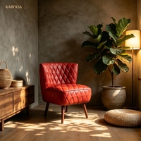 Fauteuil d'appoint capitonné en cuir avec motif losanges, fauteuil lounge sans accoudoirs de style Mid-Century Modern avec pieds en bois pour salon ou coin lecture
