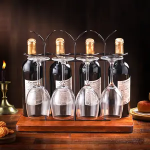 Handmade Metal Wood Wine Countertop Rack Wine Storage Shelf with 4 Bottle Cages