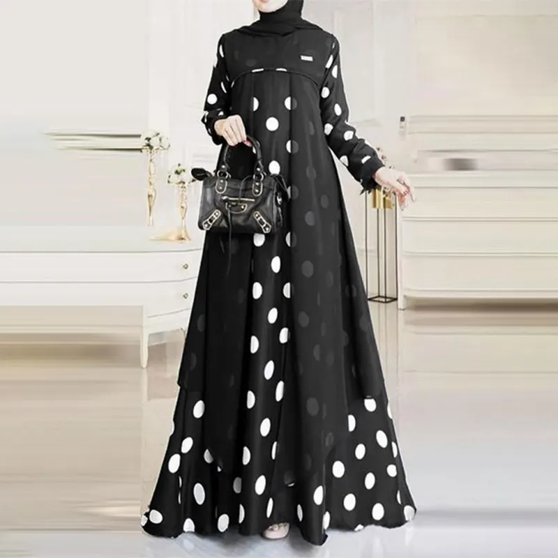F102 # แฟชั่น Abayah อิสลามเสื้อผ้าลายจุดสองชั้นออกแบบกระโปรงยาวสำหรับผู้หญิงมุสลิม