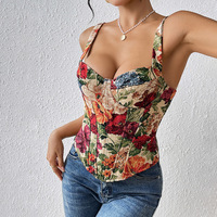 Corsé Floral para Mujer con Escote Corazón, Acolchado, Estilo Bustier, Cintura Basca, Jacquard de Tapicería, Corsé Vintage