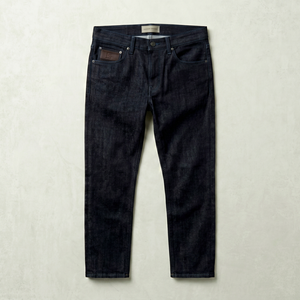 Jean en denim tissé en coton délavé bleu foncé pour homme, coupe droite, cinq poches, fermeture éclair, mi-été, coupe régulière, décontracté, poids moyen - Product Image 1