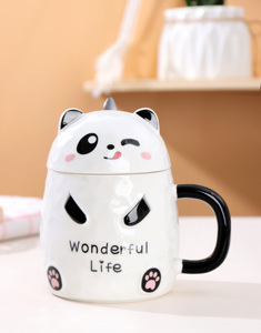 แก้วเซรามิครูปแพนด้าน่ารัก ขนาด 13 ออนซ์ สำหรับเด็ก ชุดแก้วกาแฟเซรามิคพร้อมฝาและช้อน - Product Image 6