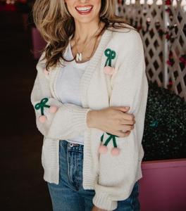 Tùy Chỉnh Hàng Dệt Kim Nhà Sản Xuất Phụ Nữ Dễ Thương 3D Ấm Cúng Trắng Cáp Đan Mở Phía Trước Anh Đào Cardigan Áo Len Cho Phụ Nữ - Product Image 2