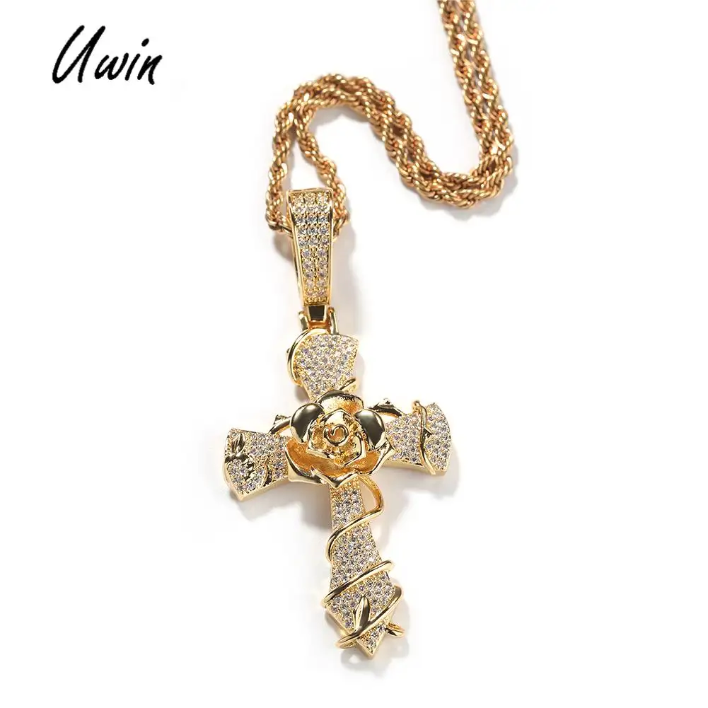Fashion Jewelry Necklaces Cross Pendent Necklace Rose Flower In The Middle Hip Hop Jewelry Christian Cross Jewelry