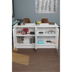 Chariot de cuisine moderne et minimaliste Vera 160 cm blanc avec armoire de rangement à 4 portes et table de bar, îlot de cuisine contemporain - Product Image 2